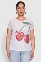 Womens Plus Size Rhinestone Cherry Print Mesh Top, White, Size 2X