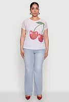 Womens Plus Size Rhinestone Cherry Print Mesh Top, White, Size 2X