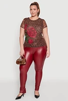 Womens Plus Size Rhinestone Floral Leopard Print Mesh Top, Multi, Size 2X
