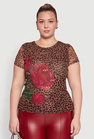 Womens Plus Size Rhinestone Floral Leopard Print Mesh Top, Multi, Size 2X