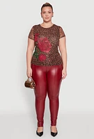 Womens Plus Size Rhinestone Floral Leopard Print Mesh Top, Multi, Size 2X