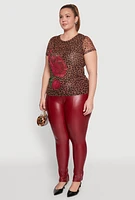 Womens Plus Size Rhinestone Floral Leopard Print Mesh Top, Multi, Size 2X