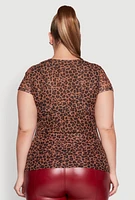 Womens Plus Size Rhinestone Floral Leopard Print Mesh Top, Multi, Size 2X