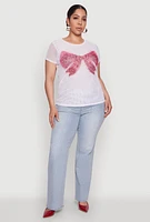 Womens Plus Rhinestone Bow Graphic Mesh Top, White,