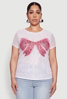 Womens Plus Rhinestone Bow Graphic Mesh Top, White,