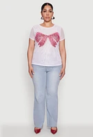 Womens Plus Rhinestone Bow Graphic Mesh Top, White,