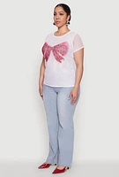 Womens Plus Rhinestone Bow Graphic Mesh Top, White,