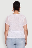 Womens Plus Rhinestone Bow Graphic Mesh Top, White,