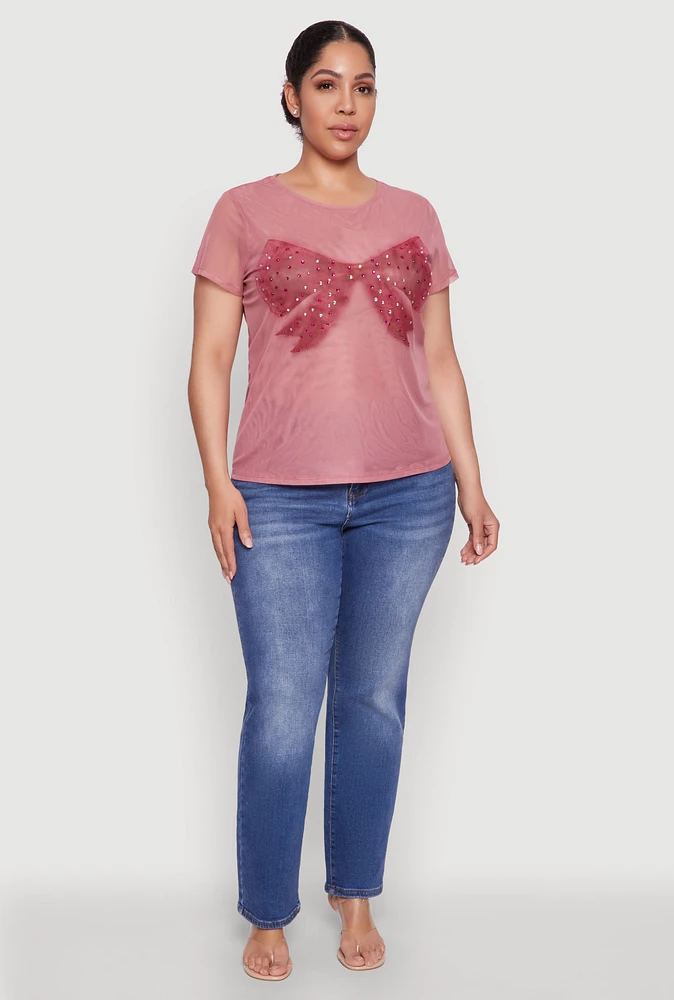 Womens Plus Size Rhinestone Bow Graphic Mesh Top, Pink, Size 3X
