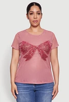 Womens Plus Size Rhinestone Bow Graphic Mesh Top, Pink, Size 3X