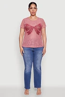 Womens Plus Size Rhinestone Bow Graphic Mesh Top, Pink, Size 3X