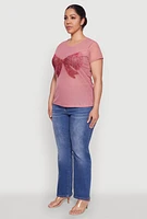 Womens Plus Size Rhinestone Bow Graphic Mesh Top, Pink, Size 3X
