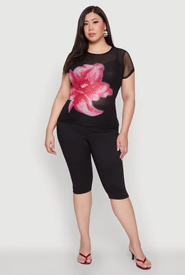 Womens Plus Size Rhinestone Floral Print Mesh Top, Black, Size 2X