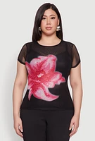Womens Plus Size Rhinestone Floral Print Mesh Top, Black, Size 2X