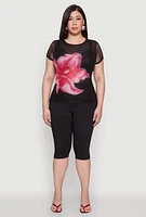 Womens Plus Rhinestone Floral Print Mesh Top,