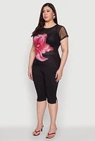 Womens Plus Size Rhinestone Floral Print Mesh Top, Black, Size 2X