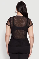 Womens Plus Size Rhinestone Floral Print Mesh Top, Black, Size 2X