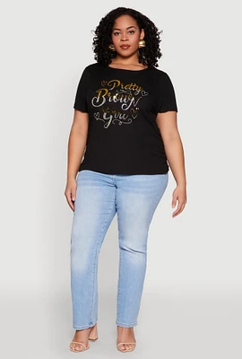 Womens Plus Size 3D Pretty Brown Girl Foil Graphic Tee, Black, Size 2X