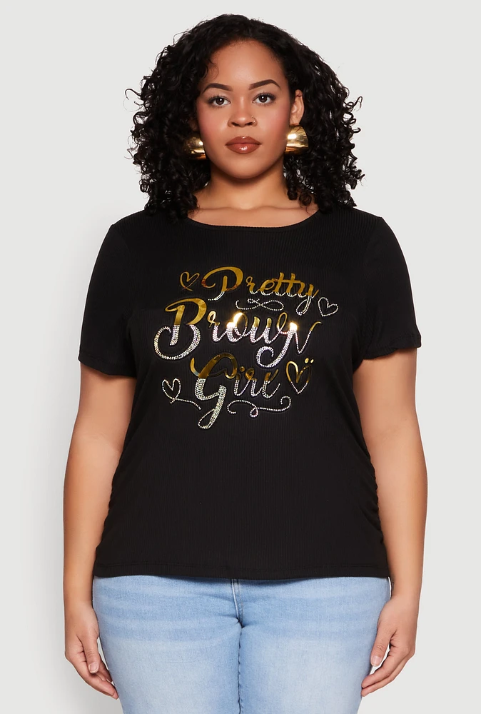 Womens Plus Size 3D Pretty Brown Girl Foil Graphic Tee, Black, Size 3X