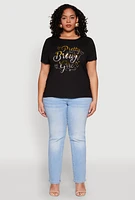 Womens Plus 3D Pretty Brown Girl Foil Graphic Tee, 1X