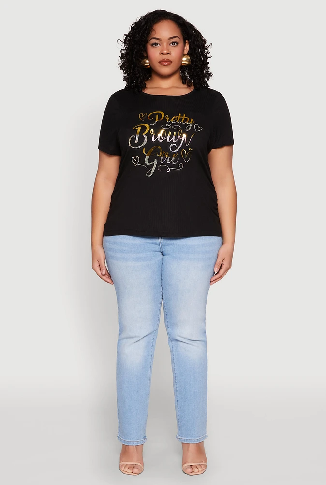 Womens Plus Size 3D Pretty Brown Girl Foil Graphic Tee, Black, Size 3X