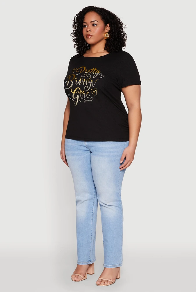 Womens Plus Size 3D Pretty Brown Girl Foil Graphic Tee, Black, Size 3X