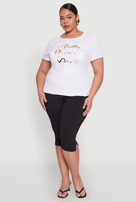 Womens Plus Size 3D Pretty Brown Girl Foil Graphic Tee, White, Size 2X