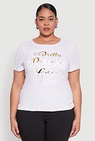 Womens Plus Size 3D Pretty Brown Girl Foil Graphic Tee, White, Size 2X