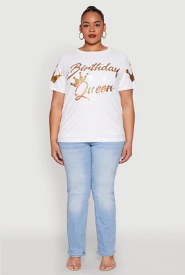 Womens Plus Size Birthday Queen Sequin Top, White, Size 2X