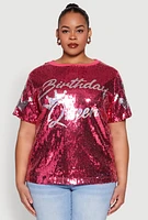 Womens Plus Birthday Queen Sequin Top,