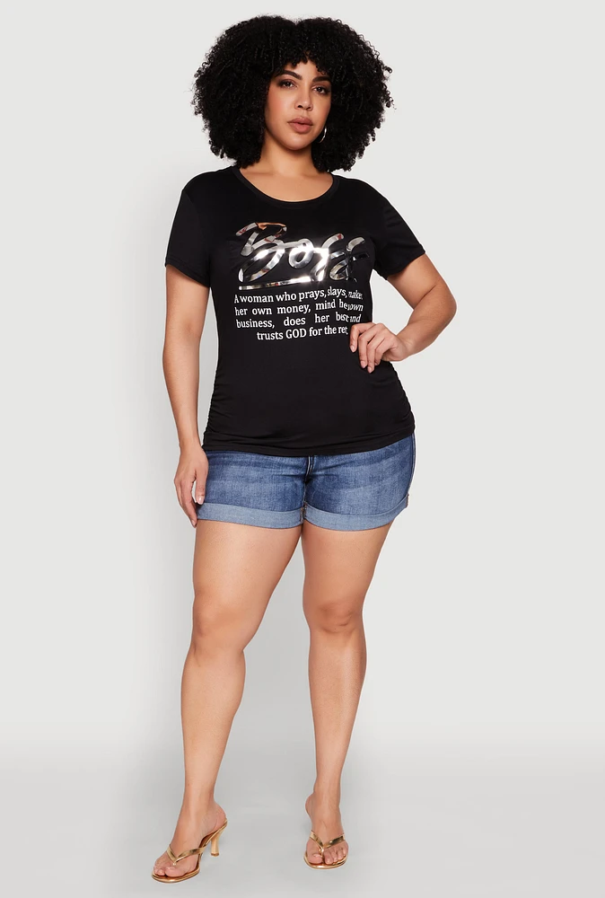 Womens Plus Size 3D Boss Foil Graphic Tee, Black, Size 3X