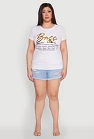 Womens Plus Size 3D Boss Foil Graphic Tee, White, Size 1X