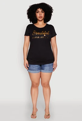 Womens Plus Size Ruched 3D Beautiful Foil Graphic Tee, Black, Size 1X