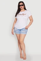 Womens Plus Size Ruched 3D Beautiful Foil Graphic Tee, White, Size 3X