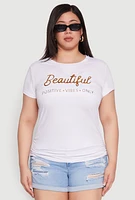 Womens Plus Size Ruched 3D Beautiful Foil Graphic Tee, White, Size 3X