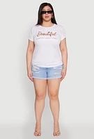 Womens Plus Size Ruched 3D Beautiful Foil Graphic Tee, White, Size 3X