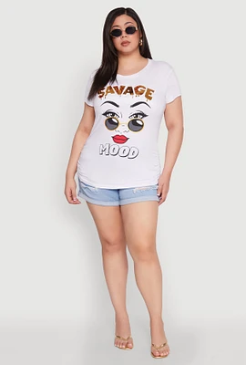 Womens Plus Size 3D Savage Mood Foil Graphic Tee, White, Size 1X