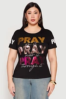 Womens Plus Size Pray Sequin Graphic T Shirt, Black, Size 1X