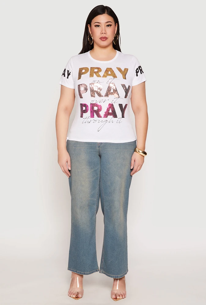 Womens Plus Size Pray Sequin Graphic T Shirt, White, Size 3X