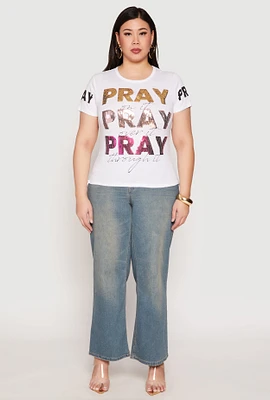 Womens Plus Size Pray Sequin Graphic T Shirt, White, Size 3X