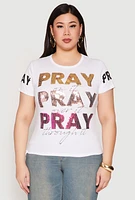 Womens Plus Size Pray Sequin Graphic T Shirt, White, Size 3X