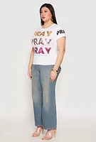 Womens Plus Size Pray Sequin Graphic T Shirt, White, Size 3X