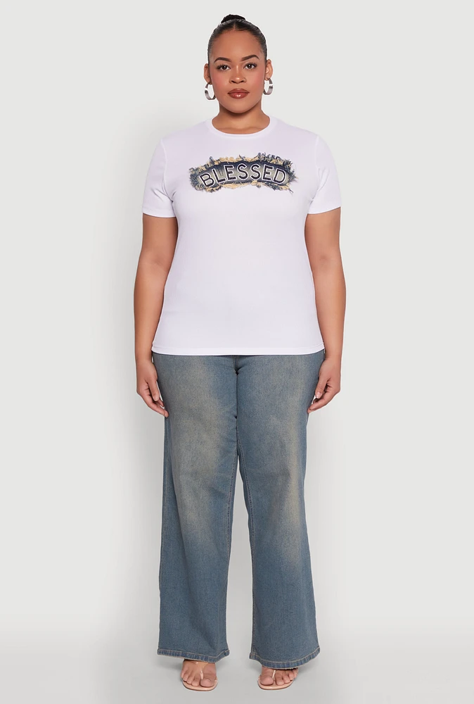 Womens Plus Size Blessed Denim Graphic Patch Tee, White, Size 2X