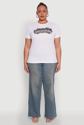 Womens Plus Size Blessed Denim Graphic Patch Tee, White, Size 2X