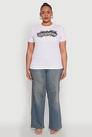 Womens Plus Blessed Denim Graphic Patch Tee, White,