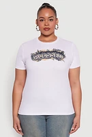 Womens Plus Blessed Denim Graphic Patch Tee, White,