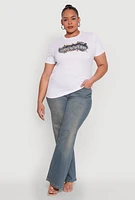 Womens Plus Size Blessed Denim Graphic Patch Tee, White, Size 2X