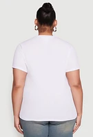Womens Plus Size Blessed Denim Graphic Patch Tee, White, Size 2X