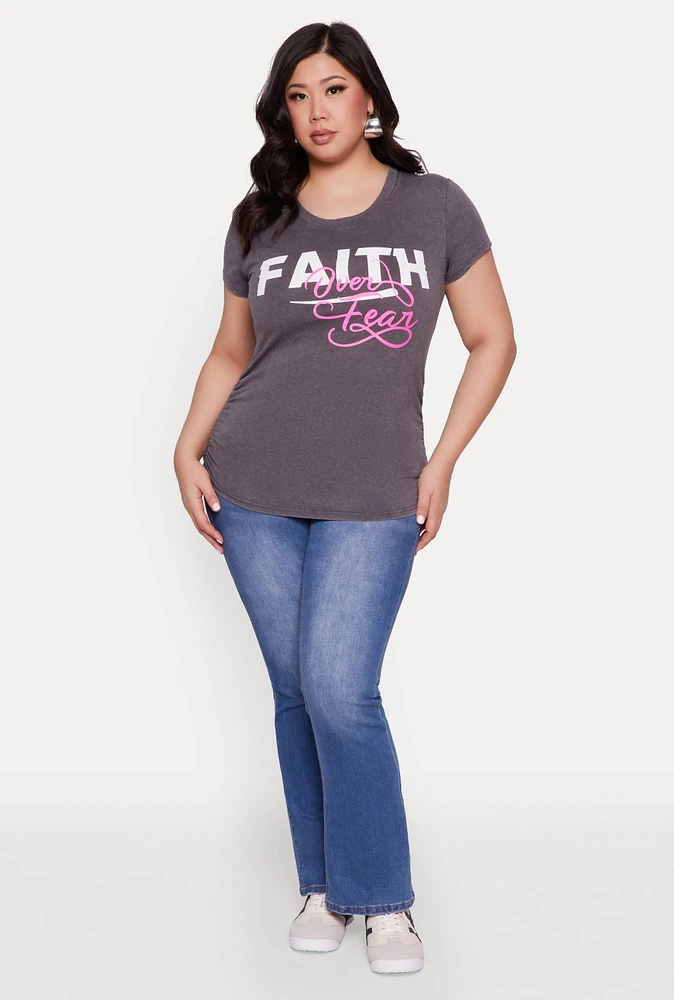 Womens Plus Size Mineral Wash Faith Over Fear Graphic Tee, Grey, Size 3X