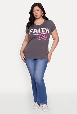 Womens Plus Size Mineral Wash Faith Over Fear Graphic Tee, Grey, Size 3X